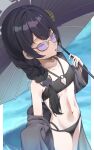  1girl 966_kururu_966 absurdres bare_shoulders bikini black_bikini black_hair black_robe blue_archive blurry blurry_background braid braid_over_shoulder braided_ponytail breasts butterfly_hair_ornament cleavage_cutout clothing_cutout collarbone commentary cowboy_shot day diamond_cutout grey_eyes grey_halo hair_between_eyes hair_ornament halo hand_up highres holding holding_umbrella kisaki_(blue_archive) kisaki_(swimsuit)_(blue_archive) long_hair looking_at_viewer low_side_ponytail multi-strapped_bikini_bottom navel official_alternate_costume official_alternate_hairstyle oil-paper_umbrella one_eye_closed open_clothes open_robe outdoors parted_lips purple-tinted_eyewear robe robe_partially_removed side_ponytail small_breasts solo stomach sunglasses swimsuit tinted_eyewear twitter_username umbrella under_umbrella water yellow-framed_eyewear 