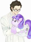  1boy absurdres animal brown_hair checkered_background closed_eyes crossover glasses gloves hair_slicked_back highres holding holding_animal jacket maruki_takuto multicolored_hair my_little_pony my_little_pony:_friendship_is_magic persona persona_5 persona_5_the_royal pony_(animal) purple_eyes purple_hair rccg56 shirt short_hair smile starlight_glimmer streaked_hair upper_body white_gloves white_jacket white_shirt 