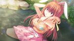  1girl animal_ears arms_up blue_bra bow bra braid breasts constricted_pupils da_capo da_capo_iv day dutch_angle fallen_down from_above game_asset grass hair_ribbon highres jewelry long_hair non-web_source open_mouth orange_hair oumi_sorane outdoors partially_underwater_shot pendant pink_bow pink_eyes pink_skirt pond post_and_rail_fence rabbit_ears ribbon self-datamine sitting skirt sleeveless sleeveless_sweater solo sweater tanihara_natsuki tree underwear wariza water_drop wet wet_clothes yellow_ribbon yellow_sweater 