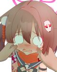  1girl absurdres animal_ears blue_archive blue_sailor_collar blush brown_hair cheek_pinching eyeshadow fang fox_ears fox_girl hair_ornament halo hands_on_another's_cheeks hands_on_another's_face hanhang321138 highres izuna_(blue_archive) makeup neckerchief o_o open_mouth orange_neckerchief orange_scarf pinching pink_eyeshadow pink_halo pom_pom_(clothes) pom_pom_hair_ornament pov pov_hands sailor_collar scarf short_hair simple_background tears white_background 