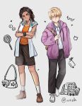  1boy 1girl alien_stage anakt_arts_high_school_uniform_(fading_youth) bag ball black_hair black_pants black_shorts blonde_hair brown_shoes character_charm charm_(object) closed_mouth collared_shirt colored_eyelashes commentary contrast_collar dark-skinned_female dark_skin full_body grey_eyes half-closed_eyes highres hood hoodie hyuna_(alien_stage) layered_shirt long_hair luka_(alien_stage) open_clothes open_hoodie open_shirt orange_shirt pants ponytail purple_hoodie racket school_uniform shirt shoes short_hair shorts signature socks tennis_ball thick_eyebrows very_short_hair wei_cong_dan_hua white_shirt white_socks wristband yellow_eyes 