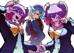  3girls ball billiard_ball blue_hair bow bowtie breasts brown_eyes buttons chiebukuro_setsuka collarbone commentary_request danganronpa_(series) danganronpa_another diamond_(shape) electricity folded_ponytail glowing glowing_eye gradient_hair grey_shirt grey_suit hair_between_eyes hair_ornament hair_over_one_eye hair_rings hand_over_eye highres jacket korean_commentary large_breasts long_sleeves matching_outfits medium_hair multicolored_hair multiple_girls musical_note musical_note_hair_ornament open_clothes open_mouth otonokoji_hibiki otonokoji_kanade pink_eyes pink_hair pink_sailor_collar pock5766 purple_hair red_vest sailor_collar shirt short_hair siblings simple_background single_hair_ring sisters sixteenth_note smile straight_hair striped_clothes striped_shirt suit super_danganronpa_another_2 twins twintails v vertical-striped_clothes vertical-striped_shirt vest wavy_hair white_background white_shirt yellow_bow yellow_bowtie 