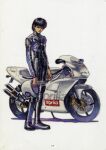  1boy aprilia aprilia_rs250 biker_clothes bikesuit black_bodysuit black_eyes black_hair bodysuit celephais_(novel) commentary_request helmet highres holding holding_unworn_helmet kinutani_yuu looking_at_viewer male_focus motor_vehicle motorcycle motorcycle_helmet official_art page_number painting_(medium) short_hair simple_background solo touguu_kihachirou traditional_media unworn_headwear unworn_helmet watercolor_(medium) white_background 