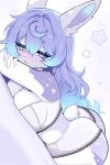  1girl absurdres animal_ear_fluff animal_ears animal_nose ass blue_eyes blue_fur blue_hair bra breasts cleavage commentary commission crossed_arms dutch_angle eyelashes furry furry_female gradient_hair hair_between_eyes hair_intakes half-closed_eyes head_rest heart heart-shaped_pupils highres lace-trimmed_bra lace-trimmed_panties lace_trim large_breasts long_hair looking_at_viewer lying multicolored_hair notice_lines on_stomach open_mouth original panties rabbit_ears rabbit_girl rabbit_tail snout solo star_(symbol) strapless strapless_bra striped_blush symbol-shaped_pupils tail two-tone_fur two-tone_hair underwear very_long_hair vuari white_background white_bra white_fur white_panties 