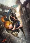  1girl 6+others ahoge aiming aiming_at_viewer animal_print architecture artist_request asymmetrical_dual_wielding belt blonde_hair boots bracelet breasts chain city cleavage crop_top denim denim_shorts dual_wielding explosion fingerless_gloves fur-trimmed_jacket fur_trim gloves gold_chain gothic_architecture gun gunz_2_the_second_duel gunz_the_duel gyaru hair_over_one_eye hair_tie highres holding holding_gun holding_sword holding_weapon industrial industrial_pipe jacket jewelry lace-up_boots leopard_print lips medium_breasts midriff_peek multiple_others nail_polish official_art open_mouth pink_eyes pink_nails ponytail promotional_art revolver ruins scarf short_shorts shorts smoke steampunk sword thigh_boots weapon 