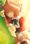  1girl animal_ears aston_machan_(flare)_(umamusume) aston_machan_(umamusume) bird black_bow blush bow bowtie breasts brown_hair closed_mouth collared_shirt commentary_request crown dove ginmusou373 grass green_eyes highres horse_ears horse_girl jacket long_sleeves looking_at_viewer lying mini_crown on_side red_scrunchie red_sleeves sash scrunchie shirt shoulder_sash skirt smile solo tilted_headwear umamusume white_jacket white_shirt white_skirt 