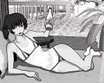  1girl alcohol beer bikini body_freckles bottle commentary english_commentary freckles full_body greyscale holding holding_bottle jimiko lying micro_bikini monochrome on_side open_mouth original palm_tree pillow ponytail roxy_(tinstop_88) sand shoulder_freckles skinny swimsuit tan tanlines thigh_freckles tinstop_88 tree 