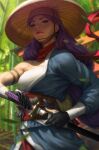  1girl ajirogasa blue_robe breasts chest_sarashi closed_mouth comic_cover commentary cover cover_page demon_days_(marvel) drawing_sword english_commentary hat highres holding holding_sword holding_weapon katana long_hair looking_at_viewer marvel psylocke psylocke_(sai) purple_hair red_scarf robe sarashi scarf signature stanley_lau sword textless_cover_page textless_version weapon x-men 