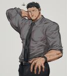  1boy bara commentary_request covered_nipples cowboy_shot facial_hair go_nzou3 goatee_stubble highres hot large_pectorals male_focus mature_male medium_sideburns muscular muscular_male necktie original pectorals salaryman sanpaku shirt_tucked_in short_hair sideburns sideburns_stubble sleeves_rolled_up solo stubble sweat thick_eyebrows upper_body 