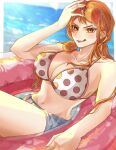  1girl bare_shoulders belt bikini bikini_top_only blue_shorts blue_sky breasts brown_eyes cleavage commentary_request cowboy_shot eyewear_on_head fuji_1w hand_on_own_head highres horizon innertube large_breasts long_hair looking_at_viewer low_twintails nami_(one_piece) navel ocean one_piece orange-tinted_eyewear orange_hair outdoors parted_lips polka_dot polka_dot_bikini round_eyewear short_shorts shorts sitting sky solo stomach sunglasses swim_ring swimsuit tinted_eyewear tongue tongue_out twintails water white_bikini 
