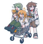  3girls ^_^ alternate_costume bag baguette black_boots blonde_hair boots bread brown_hair brown_shorts closed_eyes closed_mouth commentary contemporary food green_hair green_pants grin highres holding holding_bag holding_paper l_fzxxxx long_hair long_sleeves matara_okina missing_headwear multiple_girls nishida_satono pants paper paper_bag plastic_bag purple_eyes shirt shopping_cart shopping_list short_hair_with_long_locks shorts simple_background sleepy smile teireida_mai touhou untranslatable_commentary white_background white_shirt 