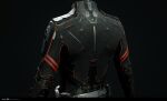  3d belt black_jacket blender_(medium) clothes_focus commentary company_logo copyright_logo copyright_name dark_background dated english_commentary eve_online from_behind grey_background grey_belt highres jacket logo long_sleeves marmoset_toolbag_(medium) maya_(medium) minmatar_republic_(eve_online) no_humans official_art photorealistic realistic red_trim undoz upper_body zbrush_(medium) 
