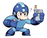  1boy bai_linqin blue_bodysuit blue_boots blue_gloves bodysuit boots censored cigarette cigarette_pack closed_mouth commentary_request frown full_body gloves helmet holding holding_cigarette holding_cigarette_pack holding_lighter lighter male_focus mega_man_(character) mega_man_(classic) mega_man_(series) mosaic_censoring red_eyes simple_background solo v-shaped_eyebrows white_background winston_cigarettes 