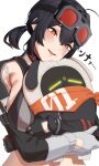  1girl absurdres armpit_crease bangboo_(zenless_zone_zero) black_hair breasts commentary_request cross-shaped_pupils eous_(zenless_zone_zero) gloves goggles goggles_on_head grace_howard grey_gloves head_tilt highres hug large_breasts midriff nohohon_pictures orange_eyes ponytail short_ponytail shoulder_tattoo sideboob symbol-shaped_pupils tattoo translation_request zenless_zone_zero 