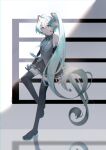  1girl absurdres ahoge aqua_eyes aqua_hair aqua_necktie aqua_trim artist_name bare_shoulders black_boots black_skirt black_sleeves boots character_name_tattoo commentary_request detached_sleeves dot_nose full_body grey_shirt hair_between_eyes hair_ornament hatsune_miku headset highres long_hair musical_note musical_staff necktie number_tattoo pleated_skirt reqware shirt shoulder_tattoo skirt sleeveless sleeveless_shirt solo tattoo thigh_boots treble_clef twintails twitter_username very_long_hair vocaloid wide_sleeves zettai_ryouiki 