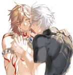  2boys arm_tattoo armlet ayuko_1018 black_shirt blonde_hair braid closed_mouth commentary_request facial_tattoo gold_necklace grey_hair highres holding_hands honkai:_star_rail honkai_(series) interlocked_fingers jewelry male_focus multiple_boys mydei_(honkai:_star_rail) necklace phainon_(honkai:_star_rail) red_tattoo shirt short_hair shoulder_tattoo simple_background single_braid smile tattoo topless_male upper_body white_background yaoi 