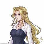  1girl blonde_hair blouse blue_corset blue_eyes braid breasts celes_chere celes_chere_(cosplay) celes_chere_(weekend_mode) closed_mouth collared_shirt commentary_request corset cosplay crown_braid dissidia_duellum_final_fantasy dissidia_final_fantasy dress_shirt final_fantasy final_fantasy_vi jewelry long_hair long_sleeves medium_breasts necklace official_alternate_costume official_art parted_bangs portrait shirt solo square_enix upper_body wavy_hair white_background white_shirt 