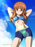  1girl arms_behind_head bike_shorts blue_bike_shorts blue_shorts blue_sports_bra blush breasts brown_eyes closed_mouth commentary_request girls_und_panzer highres long_hair medium_breasts naotosi navel orange_hair outdoors shorts sky solo sports_bra sweat takebe_saori 