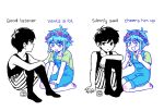  2boys antenna_hair artist_name barefoot basil_(headspace)_(omori) basil_(omori) black_eyes black_hair black_tank_top black_thighhighs blue_overalls closed_mouth collarbone double-parted_bangs english_text flower_wreath green_eyes green_hair green_shirt hair_between_eyes head_wreath invisible_floor knees_up looking_at_another male_focus multiple_boys omori omori_(omori) open_mouth osulan overall_shorts overalls parted_lips seiza shirt short_hair short_sleeves shorts simple_background sitting striped_clothes striped_shorts t-shirt tank_top thighhighs vertical-striped_clothes vertical-striped_shorts white_background 