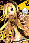  blonde_hair blue_eyes caution_tape cd headphones keep_out lily_(vocaloid) long_hair smile solo vocaloid 