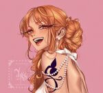  1girl artist_name back backless_dress backless_outfit bare_shoulders blush commentary commission dress earrings english_commentary eris21471224 eyelashes from_side hair_up halterneck highres jewelry lips long_hair nami_(one_piece) one_piece open_mouth orange_eyes orange_hair pearl_earrings pink_background pink_lips shoulder_tattoo sidelocks signature smile solo string_of_pearls tattoo teeth upper_body upper_teeth_only wavy_hair white_dress 