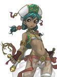  brown_eyes dark_skin fingerless_gloves flat_chest gloves green_hair harem_outfit hat indee midriff navel revealing_clothes see-through solo soulcalibur soulcalibur_iv talim tonfa weapon 