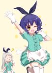  1boy 1girl :3 :d ? apron arm_at_side arm_up black_hairband black_shoes black_trim blend_s blue_hair blush borrowed_clothes bow_hairband center_frills collared_shirt commentary_request confused contrast_collar cowboy_shot crossdressing crossdressing_(mtf) crossover dotted_background fang finger_to_cheek foot_up_heel_up frilled_apron frills gloves gochuumon_wa_usagi_desu_ka? green_shirt green_skirt grey_hair hairband hand_up highres jouga_maya kanzaki_hideri long_hair long_sidelocks mafu_makura miniskirt nervous_sweating o_o one_eye_closed open_mouth outline pleated_skirt pointing pointing_at_self puffy_short_sleeves puffy_sleeves shirt shoes short_hair short_sleeves sidelocks skirt smile standing standing_on_one_leg stile_uniform sweat thighhighs tokui_sora trap voice_actor_connection waist_apron waitress white_apron white_gloves white_outline white_thighhighs wink_star yellow_background yellow_eyes 