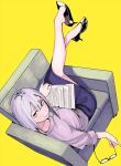  1girl black_shoes book closed_mouth commentary_request couch glasses grey_hair high_heels holding holding_book holding_removed_eyewear looking_at_viewer on_couch open_book purple_shirt purple_skirt shirt shoe_dangle shoes simple_background skirt solo unworn_eyewear uraya_nagi yane_no_shita_no_artemis yellow_background yellow_eyes 