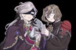  2boys anger_vein black_background blonde_hair braid braided_ponytail cassock cloak closed_eyes coat commentary_request cross cross-laced_clothes cross_necklace edmond_dantes_(fate) edmond_dantes_(monte_cristo_uniform)_(fate) fate/grand_order fate_(series) formal_clothes gloves hair_between_eyes hair_over_one_eye heart heart_hands heart_hands_duo_(0307_rebl) heart_hands_failure high_collar highres jewelry male_focus michael_roa_valdamjong multiple_boys neckerchief necklace paiwai_zengwu ponytail priest red_eyes shaded_face smile tarantella_(fate) thumbs_up upper_body vampire wavy_sidelocks white_gloves white_hair yaoi 