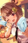  1girl :d ;d absurdres akabeko black_necktie blurry blurry_background blush breasts brown_hair collared_shirt commentary_request feeding_viewer food gingham_clothes gingham_skirt grey_skirt hair_ornament hair_rings highres kizinn0526 looking_at_viewer medium_breasts medium_hair miniskirt necktie one_eye_closed open_mouth playground pleated_skirt popsicle red_eyes sendo_yuuhi sendo_yuuhi_(1st_costume) shirt single_hair_ring skirt smile solo spring_(object) spring_rider virtual_youtuber vspo! white_shirt 