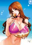  bikini breasts brown_eyes brown_hair cleavage fei_(maidoll) food highres huge_breasts lens_flare lips long_hair navel original slender_waist solo sweat swimsuit takoyaki 