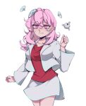  1girl aqua_trim aroma_white clenched_hands closed_mouth commentary_request cowboy_shot cytus cytus_ii floating_headgear headgear helltaker highres jacket long_hair long_sleeves pink_eyes pink_hair red_shirt shirt simple_background skirt sweatdrop tuner-san w-tea white_background white_jacket white_skirt 