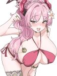  1girl @_@ bare_shoulders bikini black_horns blue_archive blush bracelet braid braided_base breasts brown_eyes cleavage collarbone commentary_request earrings flower groin hair_flower hair_ornament halo high_ponytail highres holding holding_pendulum horns huge_breasts hypnosis jewelry long_hair mind_control mole mole_on_breast multicolored_horns open_mouth pendulum pink_hair ponytail ponytail_with_braided_base red_bikini red_halo red_horns ring satsuki_(blue_archive) satsuki_(swimsuit)_(blue_archive) self_hypnosis side-tie_bikini_bottom solo swimsuit tachikaze_miyako thigh_strap thighs two-tone_horns wavy_hair 