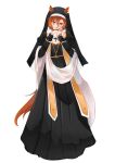  1girl alternate_costume animal_ears black_dress black_veil commentary cross cross_necklace dress ears_through_headwear english_commentary flat_chest full_body guimpe hair_between_eyes highres holding_rosary horse_ears horse_girl horse_tail interlocked_fingers jewelry latin_cross long_dress long_sleeves looking_down necklace nun nun_headdress orange_hair own_hands_clasped own_hands_together puffy_sleeves rosary s0jusag1 short_hair simple_background solo t.m._opera_o_(umamusume) tail traditional_nun umamusume veil white_background wimple 