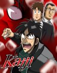  4boys absurdres black_jacket closed_mouth constricted_pupils facial_hair fukumoto_nobuyuki_(style) glasses green_shirt hand_up highres holding holding_mahjong_tile itou_kaiji jacket maeda_(kaiji) mahjong_tile miyoshi_tomohiro multiple_boys muraoka_takashi open_mouth red_background scar scar_on_face sendodevart shirt short_hair stubble suit teeth tobaku_mokushiroku_kaiji upper_teeth_only white_shirt zipper 