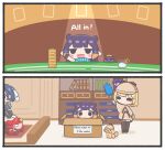  4girls ^_^ absurdres animal_ears black_hair blonde_hair blue_hair blush_stickers bookshelf box bubba_(watson_amelia) card cardboard_box closed_eyes commentary cookie duster earrings english_commentary english_text fang feather_duster food for_adoption hair_intakes hair_ornament hair_ribbon hakos_baelz hat highres hololive hololive_dreams hololive_english in_container jacket jewelry long_hair mole mole_under_eye monocle mouse_ears mpien multiple_girls ninomae_ina'nis open_mouth orange_hair ouro_kronii ouro_kronii_(1st_costume) pointy_ears poker poker_chip purple_hair red_hair ribbon sitting smile standing_on_person sunglasses tako_takover_(ninomae_ina'nis) takodachi_(ninomae_ina'nis) tentacle_hair thighhighs virtual_youtuber watson_amelia watson_amelia_(1st_costume) white_hair 