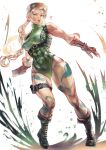  1girl absurdres angera_yuu bare_legs bare_shoulders beret black_boots blonde_hair blue_eyes boots braid breasts cammy_white camouflage camouflage_paint commentary covered_abs fingerless_gloves full_body furrowed_brow gloves green_leotard hat highleg highleg_leotard highres large_breasts leotard long_hair muscular muscular_female parted_bangs parted_lips red_gloves red_hat red_socks socks solo standing street_fighter thigh_strap twin_braids white_background 