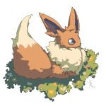  brown_eyes brown_fur commentary_request eevee flower from_side full_body grass highres no_humans pokemon pokemon_(creature) pokemon_focus signature simple_background supiraji_penpen tail white_background white_flower yellow_flower 