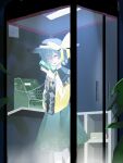  1girl black_hat bow buttons collared_shirt commentary_request diamond_button floral_print frilled_shirt_collar frilled_sleeves frills green_eyes green_hair green_skirt hat hat_bow highres holding holding_phone komeiji_koishi long_sleeves looking_at_viewer open_mouth phone phone_booth print_skirt rose_print shirt short_hair skirt smile solo suisannkasuiso touhou wide_sleeves yellow_bow yellow_shirt 