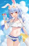  1girl :d alcohol alternate_costume animal_ear_fluff animal_ears arm_up asymmetrical_eyewear bare_shoulders bead_bracelet beads bikini blue_bikini blue_bow blue_hair blue_nails blue_sky bow bow_bikini bracelet braid breasts cherry cloud cloudy_sky collarbone commentary_request cowboy_shot cumulonimbus_cloud cup day dot_nose double-parted_bangs drink drinking_straw earclip eyewear_on_head fingernails flower food frilled_bikini frills fruit halterneck head_tilt heart heart-shaped_eyewear highres hikimayu holding holding_cup holding_drink holding_swim_ring hololive innertube jewelry light_blush long_fingernails long_hair looking_at_viewer low_twin_braids multi-source_commentary multicolored_bikini multicolored_hair nail_polish navel off-shoulder_bikini off_shoulder official_artist_extra open_mouth orange-tinted_eyewear orange_(fruit) orange_eyes orange_slice outdoors pink_flower rabbit-shaped_eyewear rabbit-shaped_pupils rabbit_ears rabbit_girl short_eyebrows sidelocks sky small_breasts smile solo stomach summer swim_ring swimsuit symbol-shaped_pupils teeth thick_eyebrows tinted_eyewear twin_braids two-tone_bikini two-tone_hair upper_teeth_only usada_pekora virtual_youtuber white-framed_eyewear white_hair wristband yuuki_hagure 