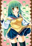  alternate_costume apron frog green_hair hair_ornament kai_yuuki kochiya_sanae long_hair panties school_uniform serafuku snake solo striped striped_panties thighhighs touhou underwear yellow_eyes 