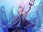  1girl arm_at_side bare_shoulders black_choker black_dress black_gloves black_tiara blue_eyes blue_gem candy_(pixiv15231759) chinese_commentary choker colored_eyelashes commentary_request cookie_run cookie_run:_ovenbreak dress elbow_gloves feet_out_of_frame floating_hair frown gem gloves gown grey_hair hand_up highres holding holding_polearm holding_weapon humanization liquid_hair long_dress long_hair looking_at_viewer official_alternate_costume official_alternate_hair_color parted_bangs pelvic_curtain pillar polearm sea_fairy_cookie sea_fairy_cookie_(dread_trident_of_the_abyss) sleeveless sleeveless_dress solo standing tiara trident underwater very_long_hair watermark wavy_hair weapon weibo_watermark 