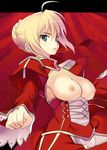  :&lt; ahoge azu blonde_hair breasts clenched_hand dress epaulettes fate/extra fate_(series) green_eyes highres jpeg_artifacts large_breasts nero_claudius_(fate) nero_claudius_(fate)_(all) nipples solo 