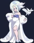  1girl absurdres artist_logo bare_legs big_hair blue_background blue_eyes blue_nails breasts closed_mouth coat commentary_request cosplay curvy dress english_commentary evening_gown frosmoth frosmoth_(cosplay) full_body fur_coat hair_bun head_tilt high_heels highres jewelry large_breasts lilroundpumpkin logo long_dress mature_eyes mature_female melony_(pokemon) met_gala necklace off-shoulder_coat off-shoulder_dress off_shoulder plump pokemon pokemon_(creature) pokemon_sword_and_shield reference_inset side_slit sidelocks simple_background single_hair_bun sleeveless sleeveless_dress standing white_dress white_hair 