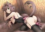 :&lt; animal_ears ass breasts brown_hair bustier cleavage garter_straps lace lace-trimmed_thighhighs large_breasts lingerie long_hair moriyu_kiryou original panties side-tie_panties solo tail thighhighs thong underwear yellow_eyes 