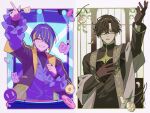  2boys black_coat black_hair black_jacket black_shirt blonde_streaks blue_hair blue_streaks candy church cleavage_cutout clenched_hand closed_eyes clothing_cutout coat commentary cropped_jacket donut earrings eyewear_strap flower food frilled_sleeves frills glasses gloves gold_trim green_eyes grin gummy_bear hair_over_one_eye hand_on_own_chest hand_up highres jacket jewelry lapels layered_clothes layered_sleeves long_sleeves luka_(strange_eden) male_focus mole mole_under_eye multicolored_hair multiple_boys multiple_rings nualp3 pointing pointing_up priest puffy_sleeves purple_shirt ring shirt shuichiro_itsuki_(strange_eden) smile smiley_face stage_lights stole strange_eden streaked_hair sweets turtleneck upper_body window 