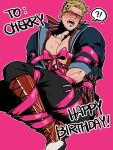  !? 1boy beard_stubble billy_kane black_pants blonde_hair blue_eyes blue_jacket boots bound collared_shirt confused cropped_jacket english_commentary english_text facial_hair fatal_fury fatal_fury:_city_of_the_wolves gift_art happy_birthday highres jacket knee_boots male_focus open_mouth pants pants_tucked_in pectorals pink_background pink_ribbon plasticcero99 red_boots ribbon ribbon_bondage shirt short_hair simple_background sleeves_rolled_up solo spoken_interrobang striped_clothes striped_shirt stubble sunglasses sweat 