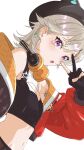  1girl absurdres animal_hat belt black_hat black_shorts blonde_hair bomber_jacket brown_belt cat_hat commentary crop_top dutch_angle earrings facial_mark gloves hair_ornament hairclip hat hat_with_ears headphones headphones_around_neck highres jacket jewelry komori_met komori_met_(5th_costume) light_blush midriff multicolored_jacket multiple_hairclips navel open_mouth orange_jacket partially_fingerless_gloves planet_earrings purple_eyes shorts simple_background single_strap solo tattoo triangle triangle_facial_mark un1rock untranslatable_commentary unzipped upper_body v virtual_youtuber vspo! white_background 