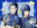  2boys armor black_gloves black_hair black_jacket black_shirt blue_background blue_border blue_eyes blue_flower border chibi chibi_inset chocobo commentary_request cross_scar crossed_arms final_fantasy final_fantasy_vii final_fantasy_vii_remake final_fantasy_xv flower gloves grid_background highres in-franchise_crossover jacket lily_(flower) male_focus moogle multiple_boys noctis_lucis_caelum open_clothes open_jacket open_mouth outside_border parted_lips ribbed_sweater scar scar_on_cheek scar_on_face shirt shoulder_armor sleeveless sleeveless_turtleneck sparkle spiked_hair suspenders sweater towa_towa_riku turtleneck turtleneck_sweater upper_body yellow_flower zack_fair 