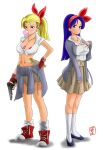  2girls alternate_costume between_breasts blonde_hair blowing_bubble_gum blue_eyes blue_hair blue_shoes blush bow breasts brown_skirt chewing_gum cleavage closed_mouth clothes_around_waist collarbone collared_shirt commentary dollar_sign dragon_ball dragon_ball_(classic) dual_persona ear_piercing earrings english_commentary eyelashes fingerless_gloves fingernails full_body glint gloves green_eyes green_nails grey_jacket gun gurinsensei gyaru hair_bow hand_on_own_chest hand_on_own_hip hip_tattoo holding holding_gun holding_weapon jacket jacket_around_waist jewelry kneehighs long_hair long_sleeves lunch_(bad)_(dragon_ball) lunch_(dragon_ball) lunch_(good)_(dragon_ball) midriff multiple_girls nail_polish navel navel_piercing necklace open_clothes open_jacket piercing ponytail red_bow red_gloves red_shoes shirt shoelaces shoes short_sleeves simple_background skirt smile socks split_mouth standing tattoo undercut untied_shoelaces weapon white_background white_shirt white_socks 